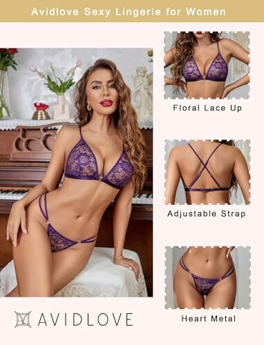 Mujer con lencería morada de encaje floral.