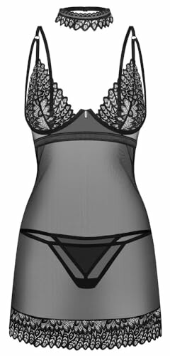 Conjunto de lencería negra de encaje con liguero y tanga.