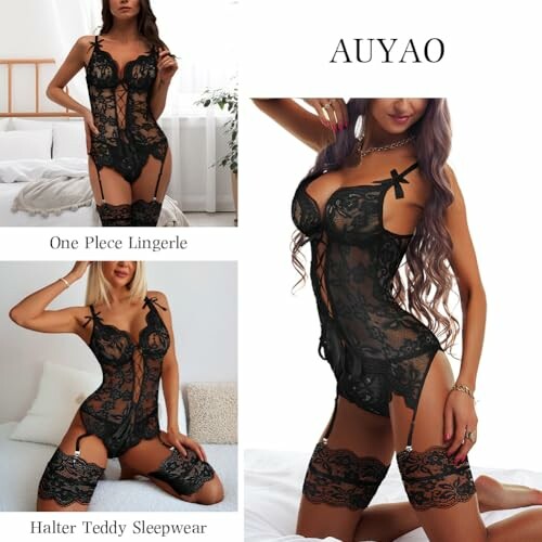 Mujeres usando lencería de encaje negro, diseño sexy y elegante.