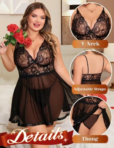 Conjunto de lencería negra de encaje con tirantes ajustables y tanga