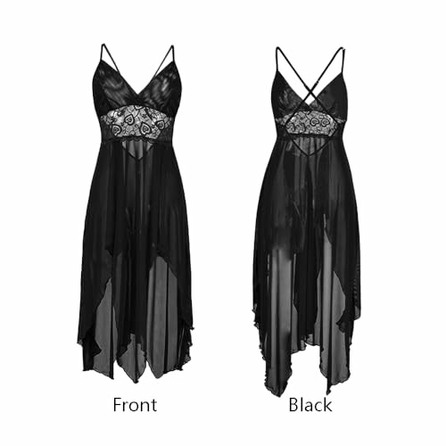 Vestido de lencería negro con encaje, vista frontal y trasera.