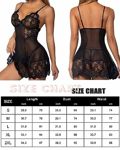 Guía de tallas para lencería negra con encaje.