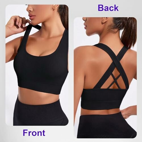 Mujer vistiendo un sujetador deportivo negro, vista frontal y trasera.