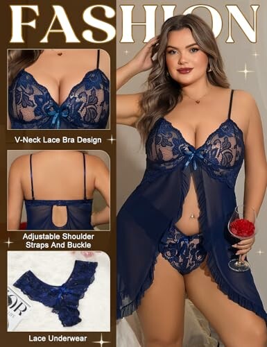 Modelo con conjunto de lencería de encaje azul