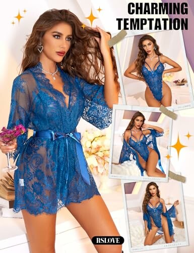 Modelo con conjunto de lencería azul de encaje.