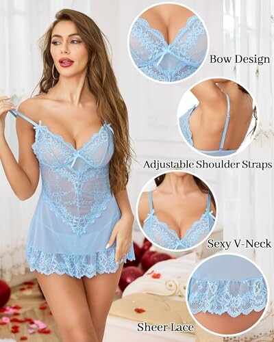 Mujer con lencería azul y detalles de encaje.