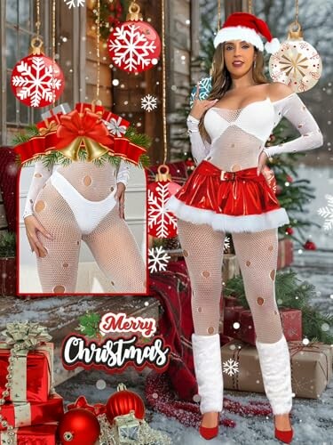 Mujer con disfraz navideño junto a regalos y decoración.