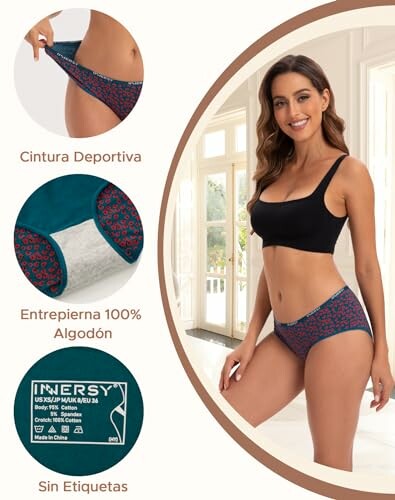 Mujer usando ropa interior cómoda con detalles de algodón.