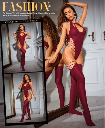 Mujer con conjunto de lencería rojo en una habitación elegante.