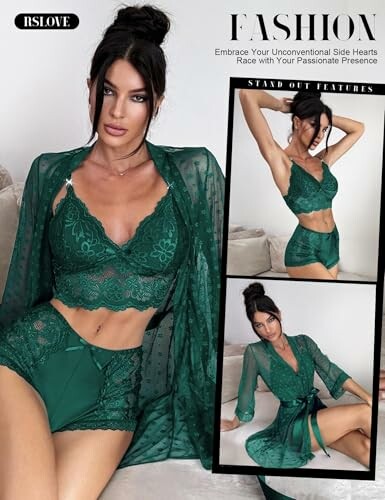 Mujer con lencería verde posando en sofá.