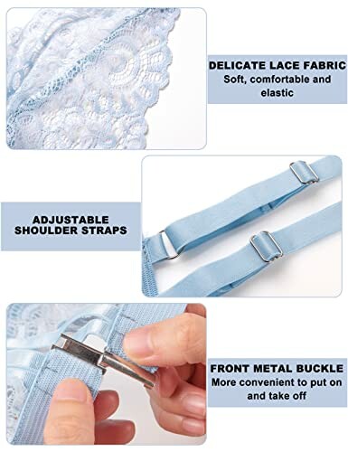 Detalles de un sujetador con encaje delicado, correas ajustables y hebilla metálica frontal.