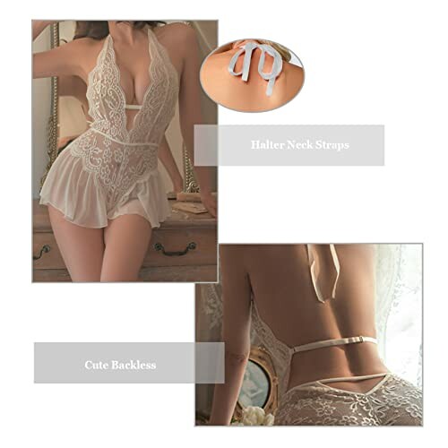 Mujer con lencería de encaje con espalda descubierta.