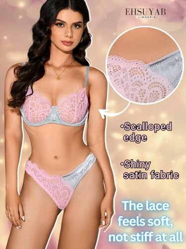 Mujer con conjunto de lencería de encaje y satén.