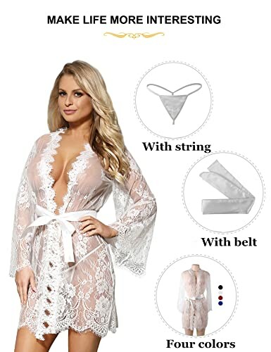 Conjunto de bata de encaje con cinturón y tanga.