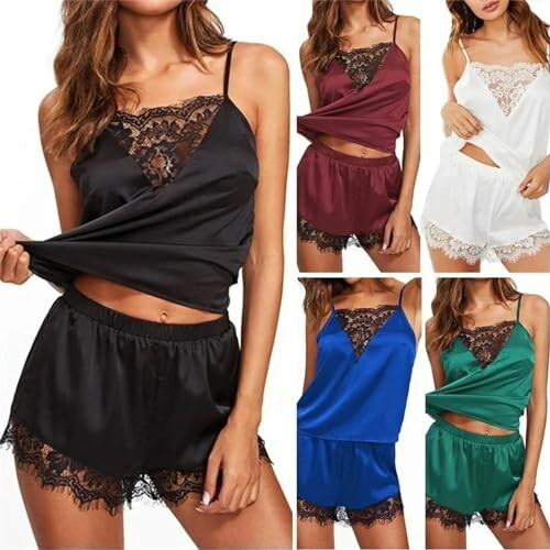 Conjunto de lencería de satén con encaje en varios colores.