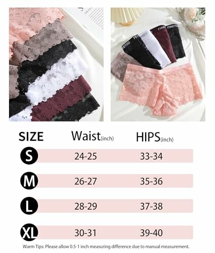 Guía de tallas para ropa interior de encaje con diferentes colores.