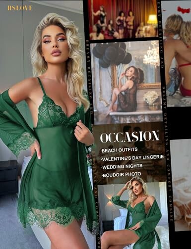 Mujer con lencería verde y detalles de ocasiones especiales.