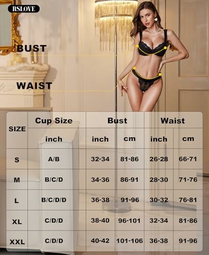 Tabla de tallas de lencería con modelo