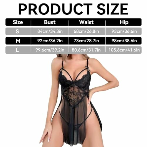 Tabla de tallas de lencería con modelo.