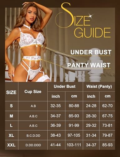Guía de tallas de lencería con medidas en pulgadas y centímetros.