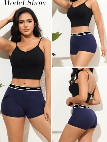 Mujer con top negro y pantalones cortos azules.