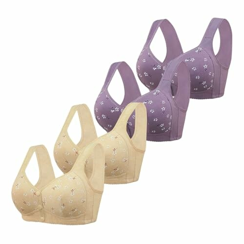 Conjunto de seis sujetadores florales en colores beige y púrpura.