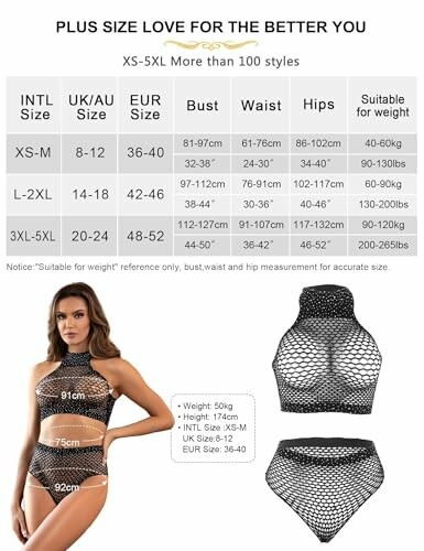 Modelo usando un bodysuit de red en talla grande, con medidas detalladas.