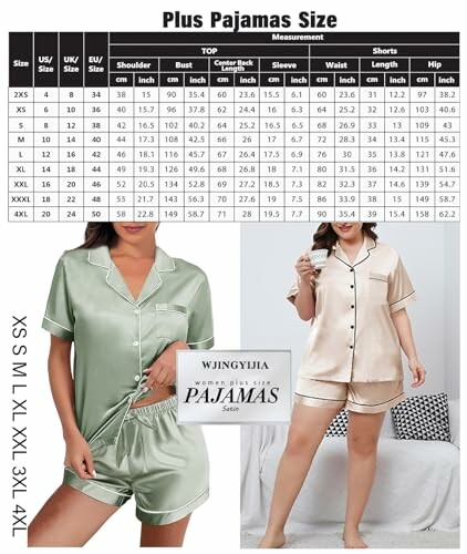 Tabla de tallas de pijamas de talla grande con dos modelos vistiendo pijamas de satén.