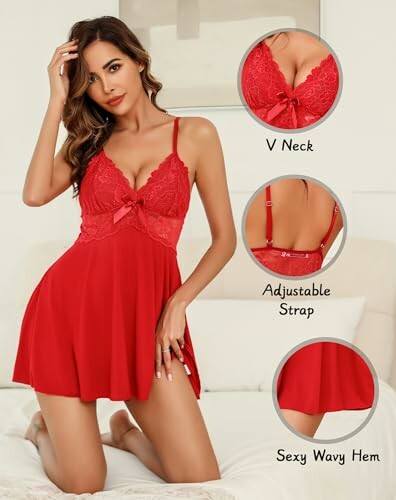 Mujer con vestido de lencería rojo con detalles