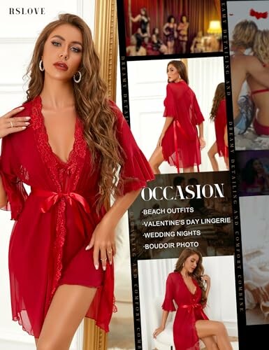 Mujer con bata de encaje rojo en publicidad.