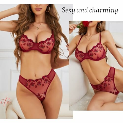 Mujer en conjunto de lencería roja con detalles florales.