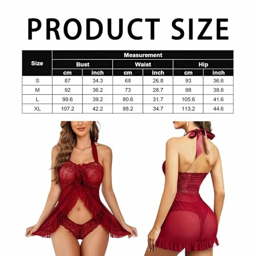 Tabla de tallas de lencería roja con modelo.