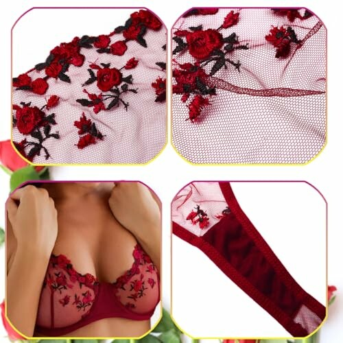 Conjunto de lencería de encaje rojo con diseño de rosas.