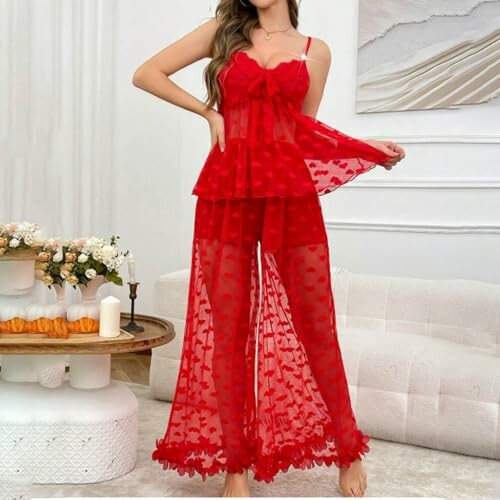 Conjunto de lencería roja transparente