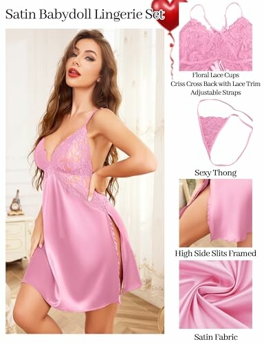 Conjunto de lencería babydoll de satén rosa con copas de encaje.