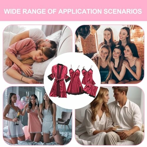 Varias mujeres usando ropa de dormir de satén en diferentes escenarios