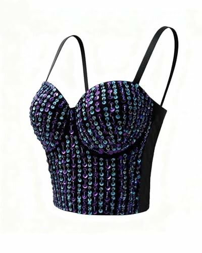 Top bustier con lentejuelas y tirantes negros.