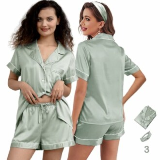 Conjunto de pijama de seda verde para mujer.
