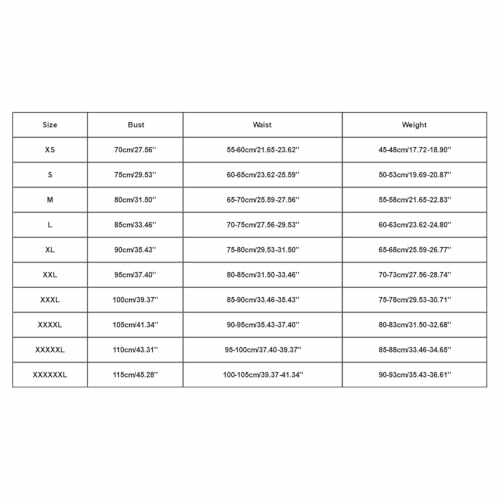 Tabla de tallas de ropa con medidas de busto, cintura y peso.