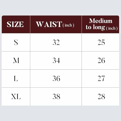 Tabla de tallas con medidas de cintura y longitud.