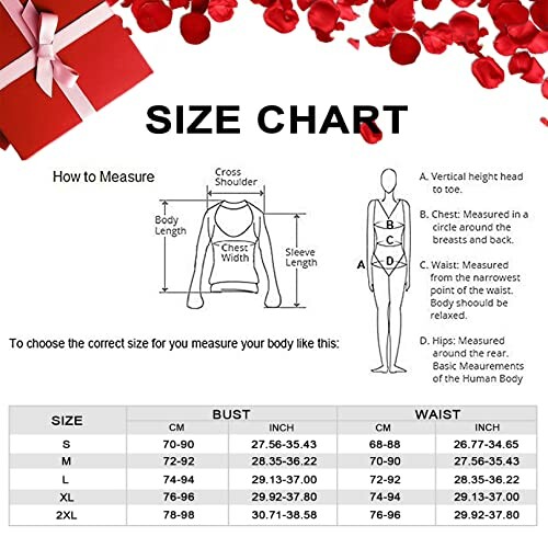 Tabla de tallas con instrucciones de medición y regalo.