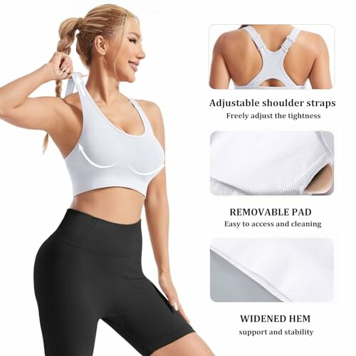 Mujer con sujetador deportivo blanco y descripción de características.