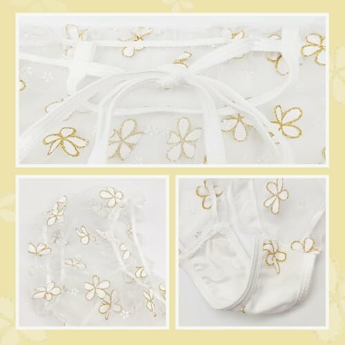 Conjunto de lencería blanca con bordado floral dorado.