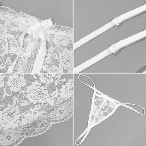 Mujer vistiendo lencería blanca con encaje y lazos.