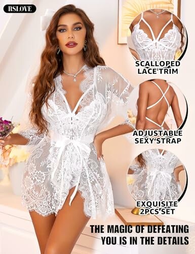 Mujer con conjunto de lencería blanca de encaje.