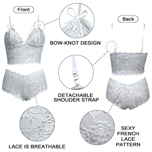 Conjunto de lencería blanca con diseño de lazo, tirantes desmontables y encaje francés.