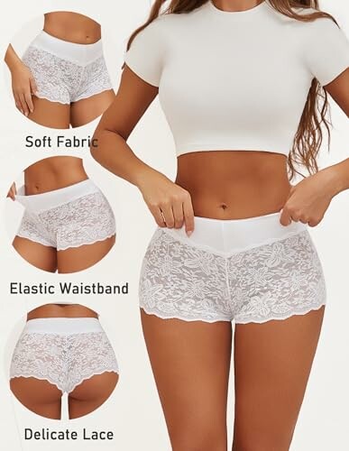 Mujer vistiendo pantalones cortos de encaje blanco con cintura elástica.