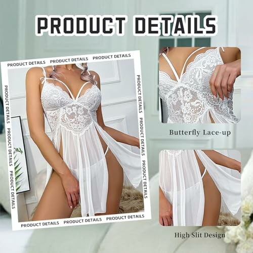 Lencería blanca con diseño de encaje y abertura alta.