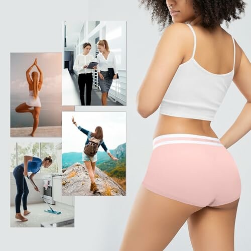 Mujer en ropa deportiva con imágenes de yoga, limpieza y viaje.