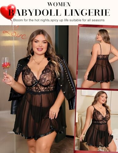 Mujer con lencería babydoll negra y chaqueta